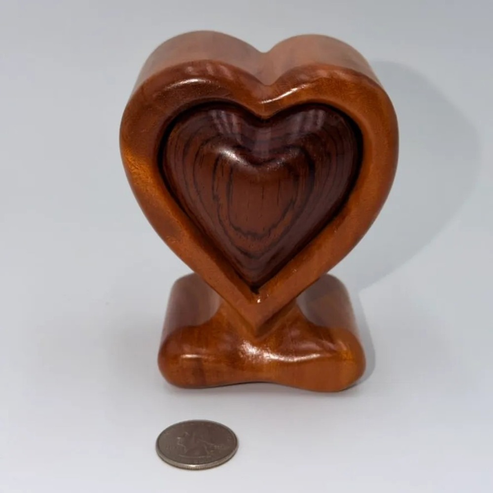 Heart Shaped Wooden Puzzle Box Secret Compartment Two Tone Trinket Jewelry Box